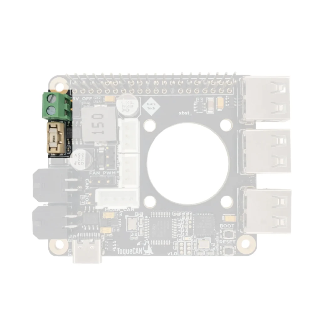 ToqueCAN circuit board featuring connectors, components, and labels for electronic projects