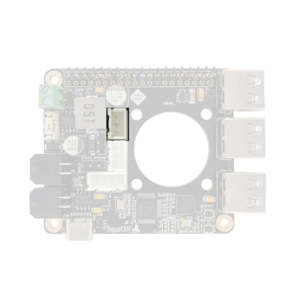 ToqueCAN circuit board, showcasing electronic components and board layout.