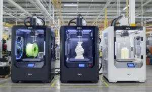 Three IDEX 3D printers in a factory setting, showcasing different print jobs and filament colors.