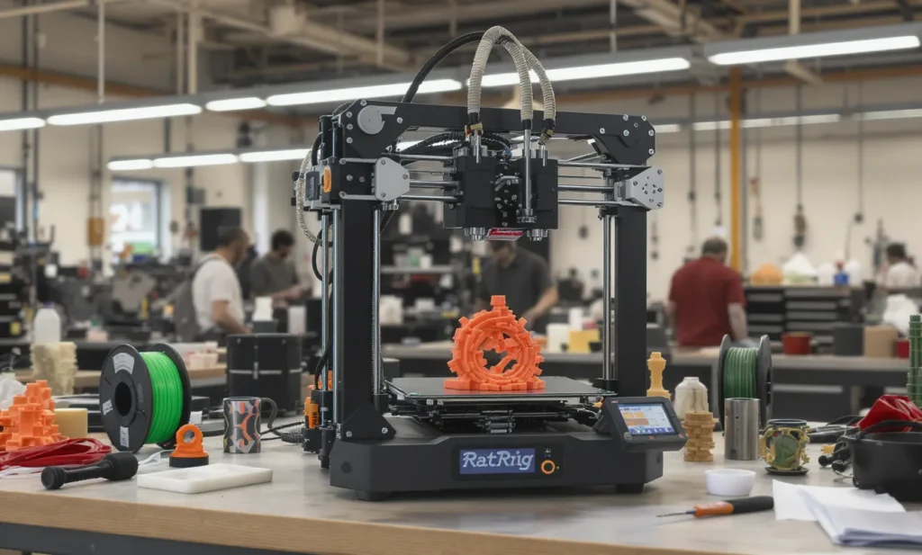 RatRig 3D printer creating an orange gear in a workshop setting.
