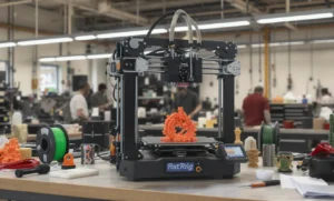 RatRig 3D printer creating an orange gear in a workshop setting.