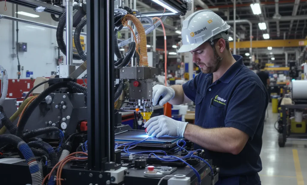 Technician in hard hat working on industrial 3D printer, adjusting settings.