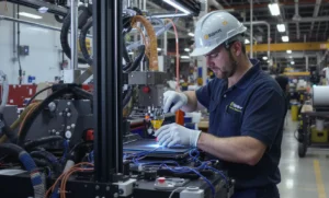 Technician in hard hat working on industrial 3D printer, adjusting settings.