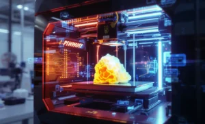 3D printer creating a vibrant yellow object with digital blueprints
