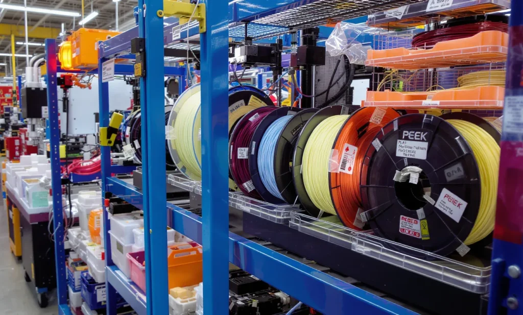 Shelves of colorful 3D printer filament spools in a manufacturing facility.