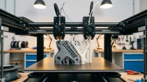 Dual-extruder 3D printer creating a complex gray and white lattice structure.