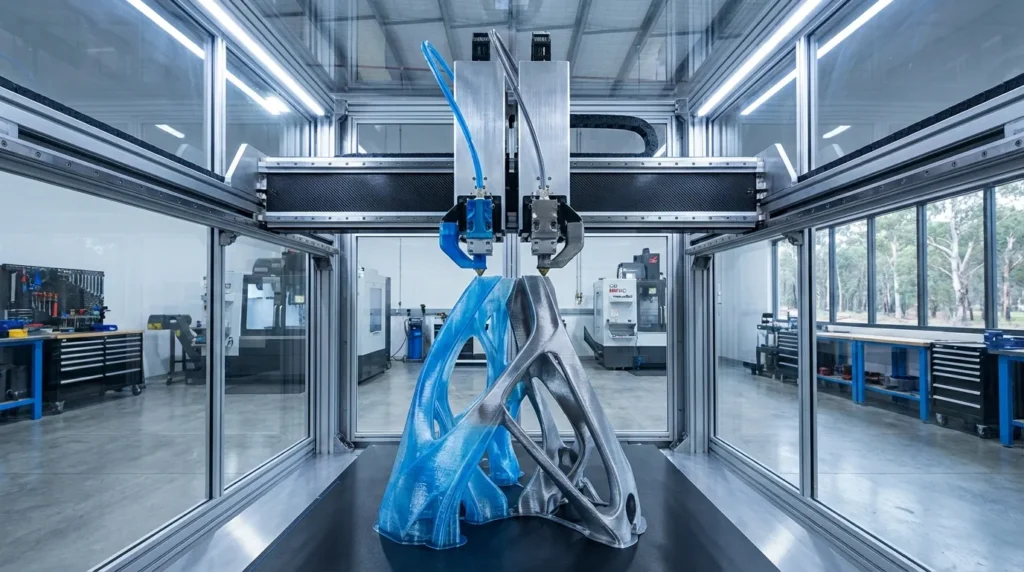 Large-scale 3D printer creating two complex, architectural-style structures in blue and gray.