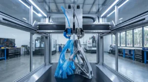 Large-scale 3D printer creating two complex, architectural-style structures in blue and gray.