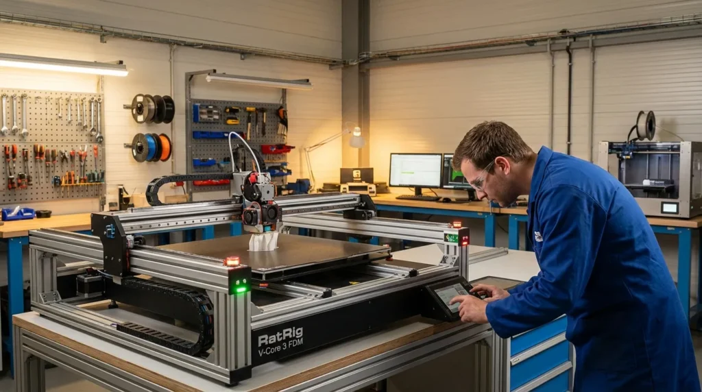 Engineer operating a RatRig V-Core 3 FDM 3D printer in a workshop setting.
