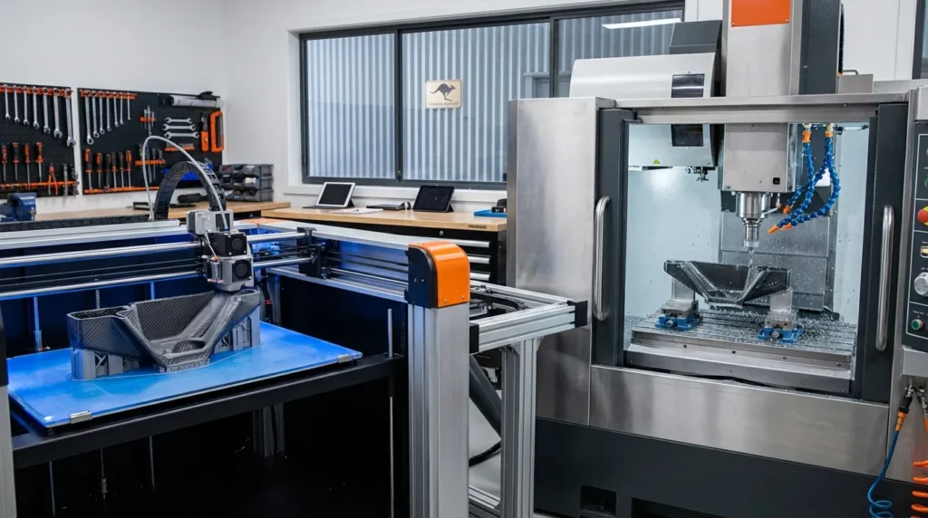 3D printer and CNC machine in a modern rapid prototyping lab.