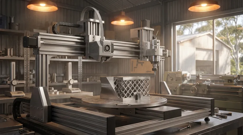 CNC machine milling a metal lattice structure in a workshop, lit by warm overhead lights.