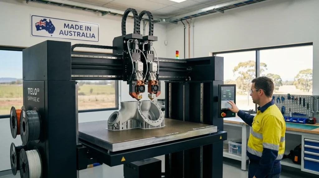 Technician operating a large 3D printer with "Made in Australia" sign
