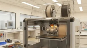 3D printer creating a gear in a modern lab setting.