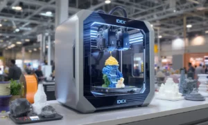 IDEX 3D printer creating a colorful, complex model. Innovation in additive manufacturing.
