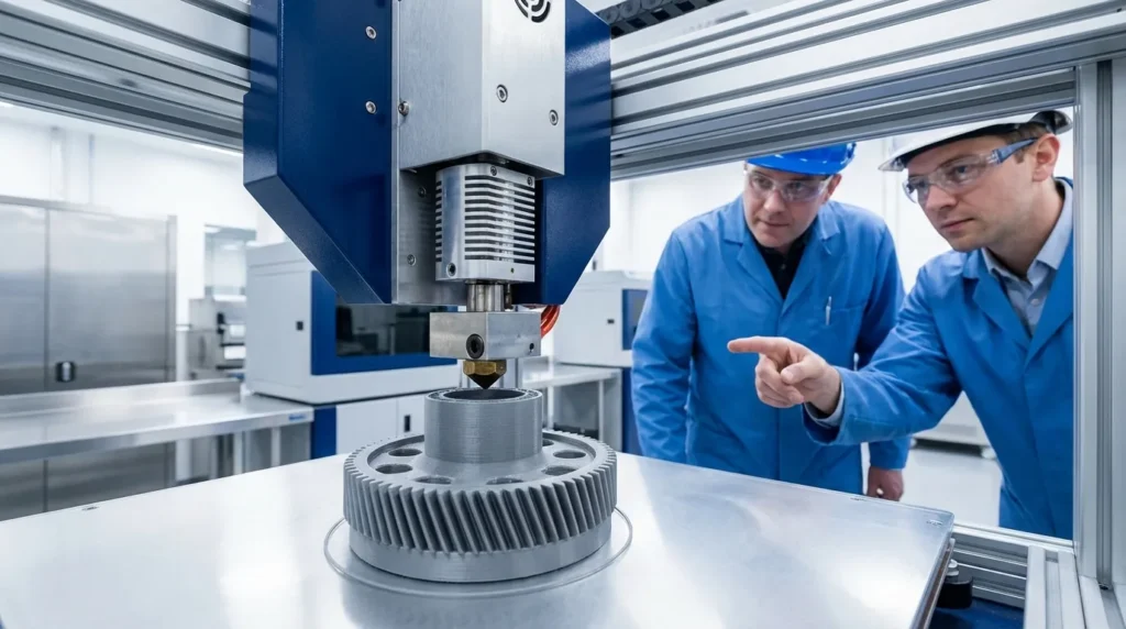 Engineers inspecting a 3D printed gear on a metal 3D printer.