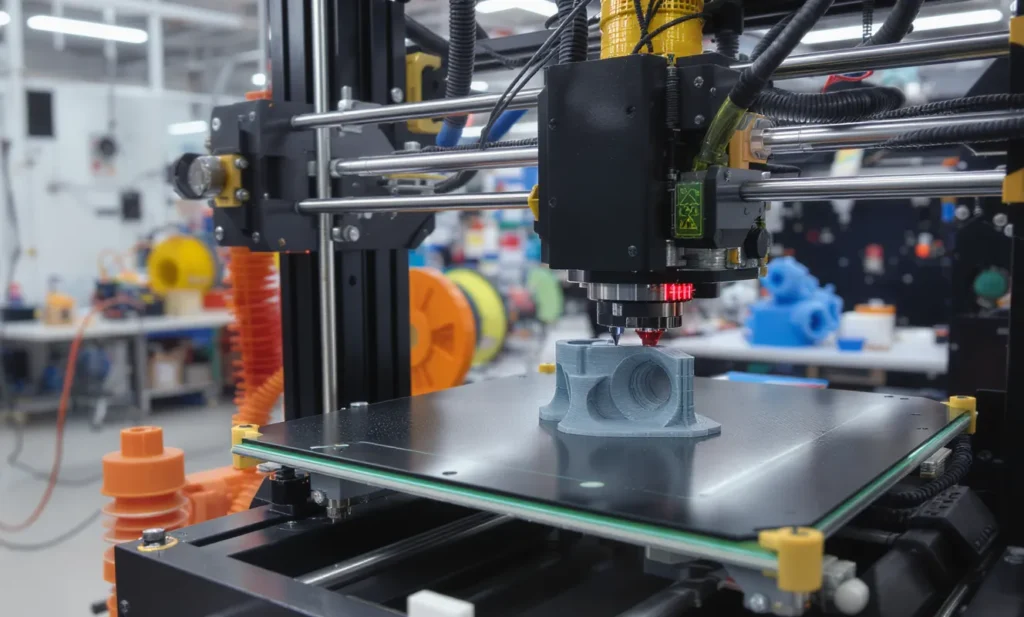 3D printer creating a gray, complex part on a black platform in a workshop setting.