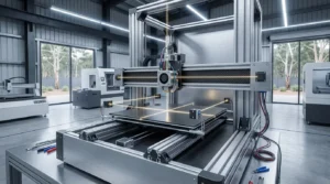 Advanced 3D printer in a modern workshop, showcasing precision manufacturing technology.