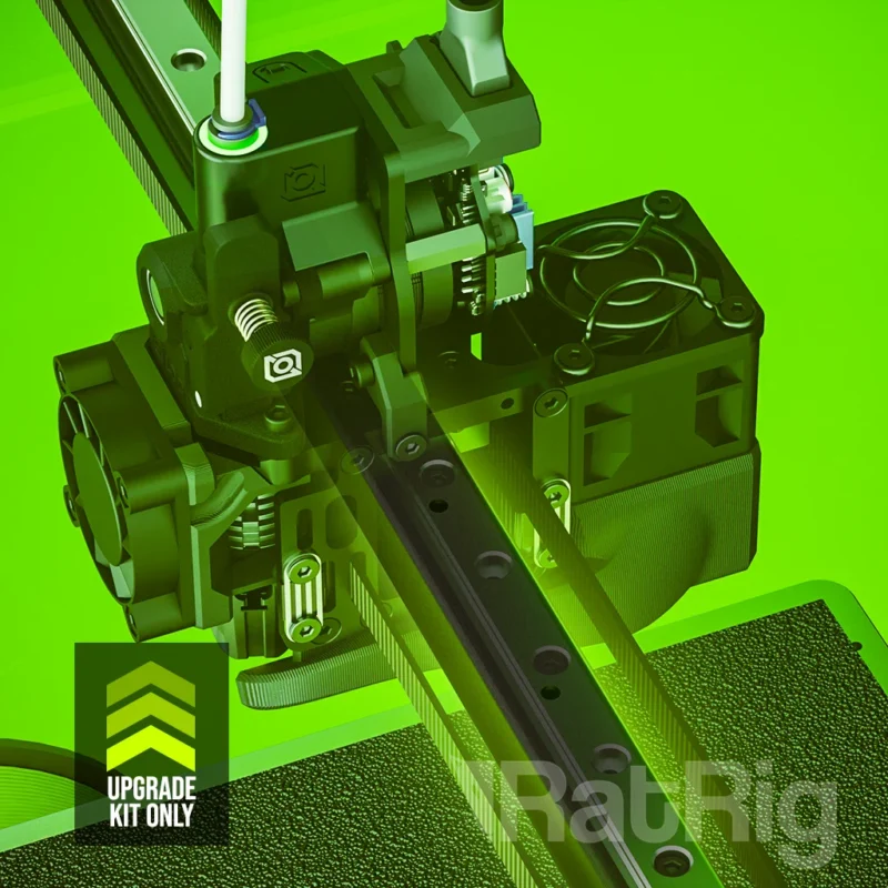 Rat Rig V-Core 4.1 Upgrade Kit Rat Rig V-Core 4.1 Upgrade Kit: Close-up of the extruder assembly and linear rail system.
