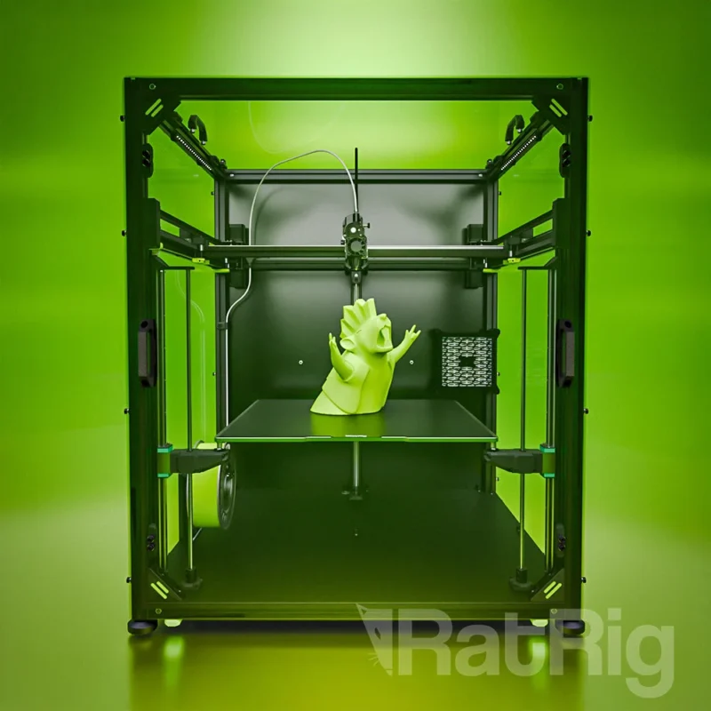 Rat Rig V-Core 4.1 Upgrade Kit: Green 3D printer with a printed green figure inside.