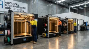 Technicians operating large 3D printers at advanced manufacturing facility