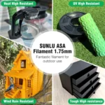 SUNLU ASA 1.75mm filament: High-resistance 3D printing material for outdoor use, featuring heat, UV, wind, and rain resistance.