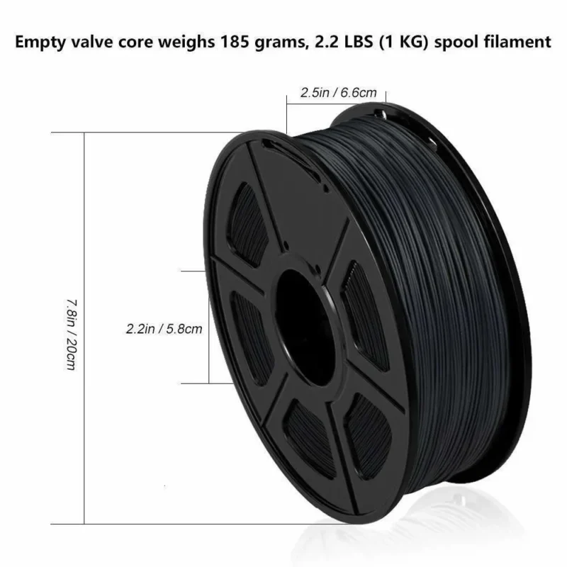 SUNLU PLA Carbon Fiber 1.75mm 1kg filament spool. Standard size with dimensions shown. ASA filament alternative.