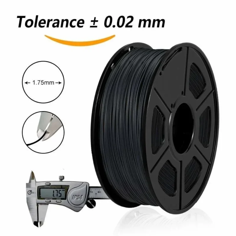 SUNLU PLA Carbon Fiber 1.75mm 3D printer filament, 1kg spool. Caliper shows 1.75mm diameter with ±0.02mm tolerance.