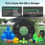 SUNLU ASA 1kg 1.75mm filament: Black spool, example 3D printed objects, and recommended print settings