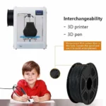SUNLU PLA Carbon Fiber 1.75mm 1kg Filament: 3D printer & pen compatible, showcasing spool, printer, and boy using pen.