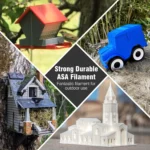 SUNLU ASA 1kg 1.75mm filament: 3D printed bird feeder, toy car, birdhouse, and building model, ideal for outdoor use.