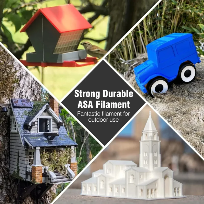 SUNLU ASA 1kg 1.75mm filament: 3D printed bird feeder, toy car, birdhouse, and building model, ideal for outdoor use.