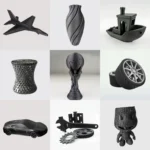 SUNLU PLA Carbon Fiber 1.75mm 3D prints: jet, vase, boat, stool, trophy, wheels, car, wrench, gears, and character.