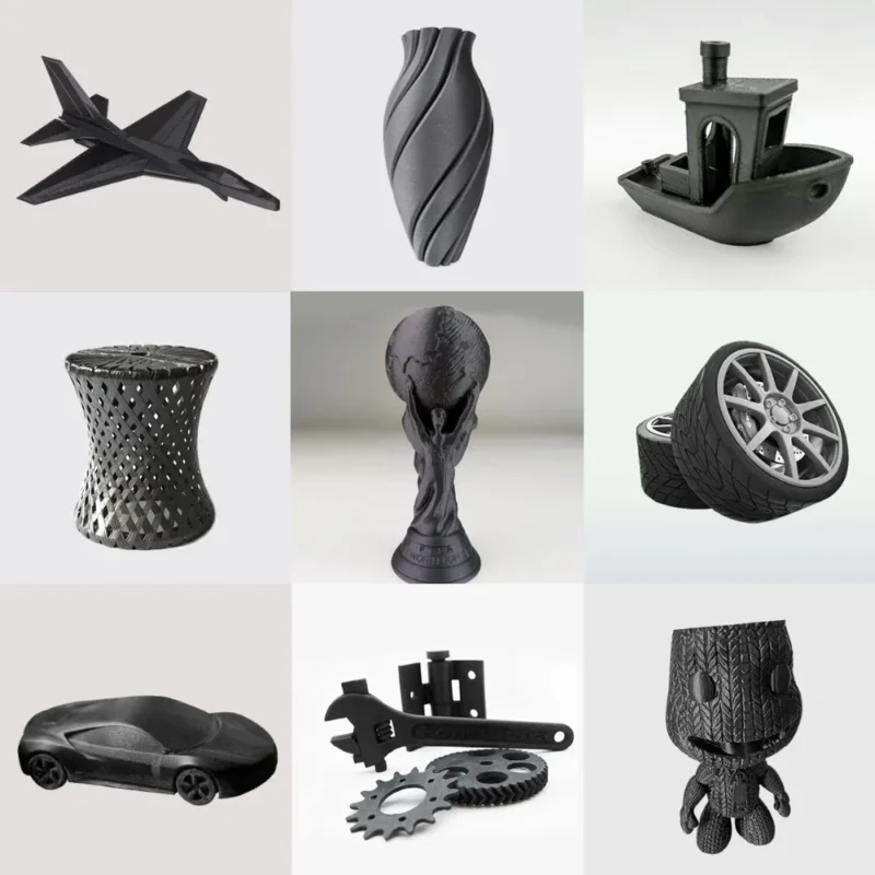 SUNLU PLA Carbon Fiber 1.75mm 3D prints: jet, vase, boat, stool, trophy, wheels, car, wrench, gears, and character.