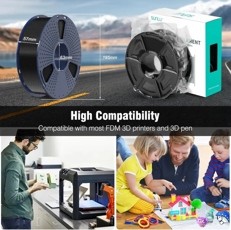 SUNLU ASA 1kg 1.75mm black filament spool. High compatibility with FDM 3D printers and 3D pens.