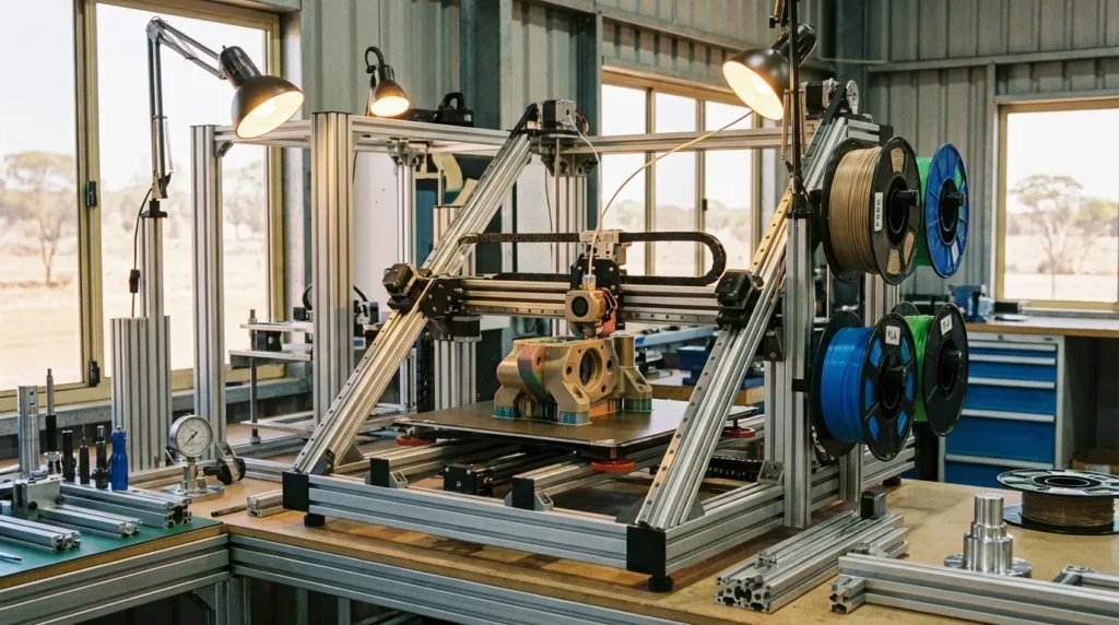 Large 3D printer creating a multi-colored part in a workshop setting.