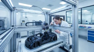 Engineer inspecting a 3D printed car model, showcasing automotive design and rapid prototyping.
