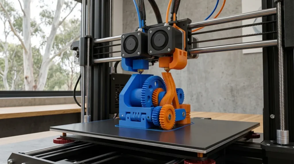 Dual extruder 3D printer creating a complex gear mechanism.