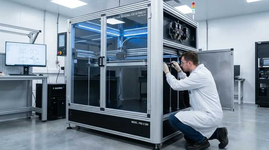 Technician working on a large industrial FDM 3D printer with a glass enclosure. Model PRO-X 500.
