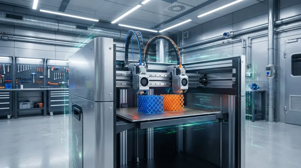 3D printer in a workshop creating blue and orange lattice structures. Advanced manufacturing.