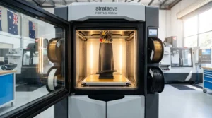 Stratasys Fortus 450mc 3D printer creating a prototype part.