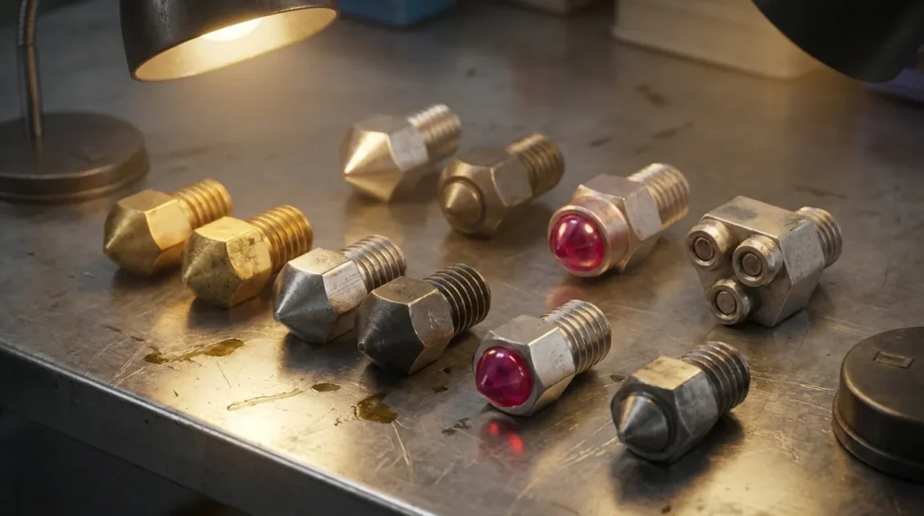 3D printer nozzles: brass, steel, ruby tips. Close-up of various nozzle types.