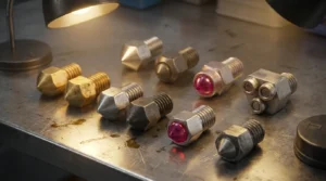 3D printer nozzles: brass, steel, ruby tips. Close-up of various nozzle types.