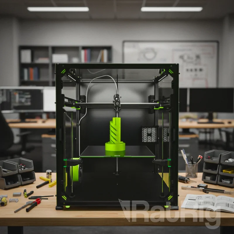 Rat Rig V-Core 4.1 Upgrade Kit: 3D printer printing a green spiral object on a desk with tools.