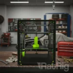 Rat Rig V-Core 4.1 Upgrade Kit: 3D printer printing a green spiral object in a workshop setting.