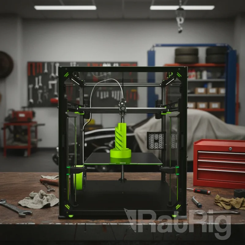 Rat Rig V-Core 4.1 Upgrade Kit: 3D printer printing a green spiral object in a workshop setting.