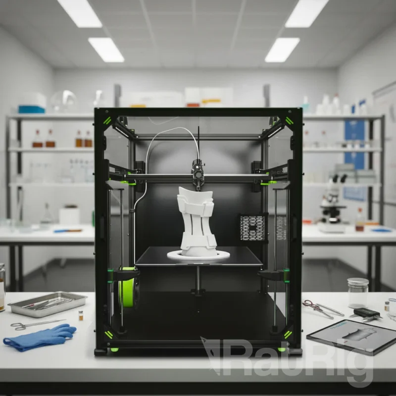 Rat Rig V-Core 4.1 Upgrade Kit 3D printer printing a white object in a laboratory.