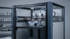 Large industrial 3D printer creating a gray object. Dual extruders and enclosed build chamber visible.