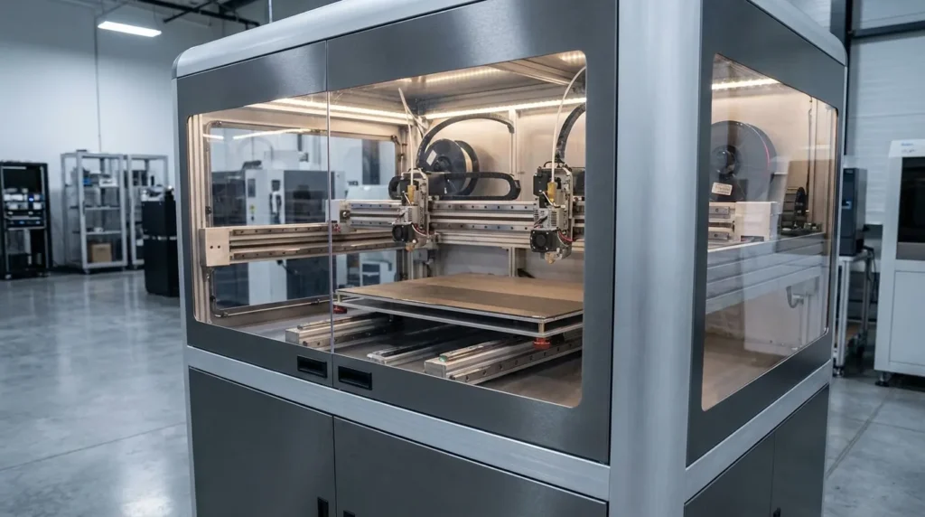Industrial 3D printer with dual extruders inside enclosure.
