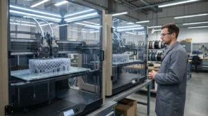 Engineer inspecting 3D printers creating a honeycomb structure in a lab setting.
