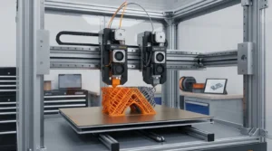 Dual-extrusion 3D printer creating a complex orange and gray structure.